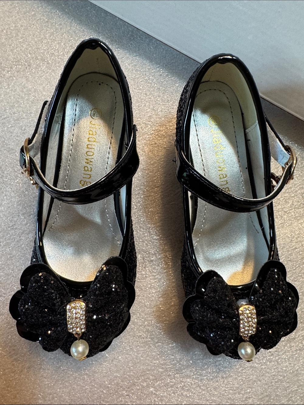 Black Glitter Mary Jane Heels with Bow Detail - Picture 9 of 12